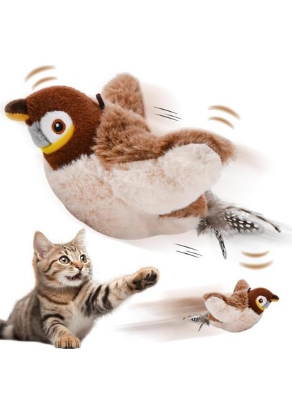 Peluş Kuş Kedi Oyuncağı Kanat Çırpan Sesli Olta Ipe Asılabilir Hareketli Şarjlı Oyuncak (Uçma Yok)