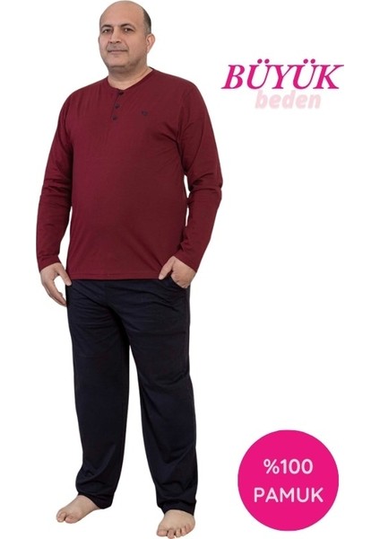 Erkek Büyük Beden 3 Düğmeli %100 Pamuk Mevsimlik Uzun Kol Cepli Pijama Takımı
