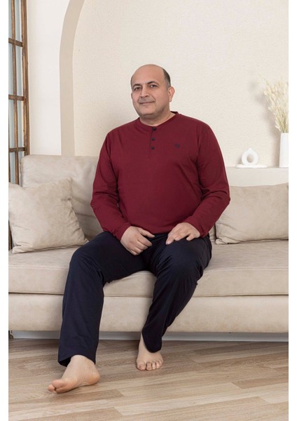 Erkek Büyük Beden 3 Düğmeli %100 Pamuk Mevsimlik Uzun Kol Cepli Pijama Takımı modelleri