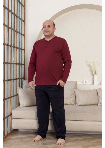 Erkek Büyük Beden 3 Düğmeli %100 Pamuk Mevsimlik Uzun Kol Cepli Pijama Takımı fırsatları