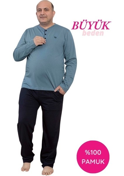 Erkek Büyük Beden 3 Düğmeli %100 Pamuk Mevsimlik Uzun Kol Cepli Pijama Takımı