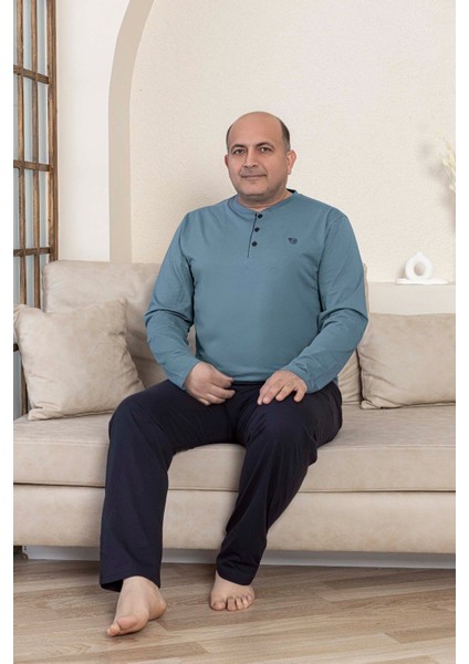 Erkek Büyük Beden 3 Düğmeli %100 Pamuk Mevsimlik Uzun Kol Cepli Pijama Takımı modelleri