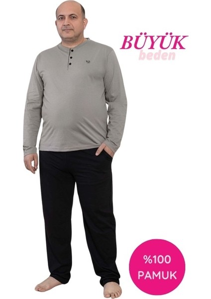 Erkek Büyük Beden 3 Düğmeli %100 Pamuk Mevsimlik Uzun Kol Cepli Pijama Takımı