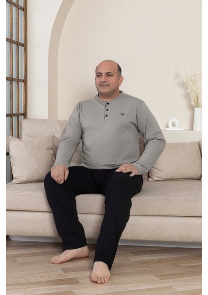 Erkek Büyük Beden 3 Düğmeli %100 Pamuk Mevsimlik Uzun Kol Cepli Pijama Takımı modelleri