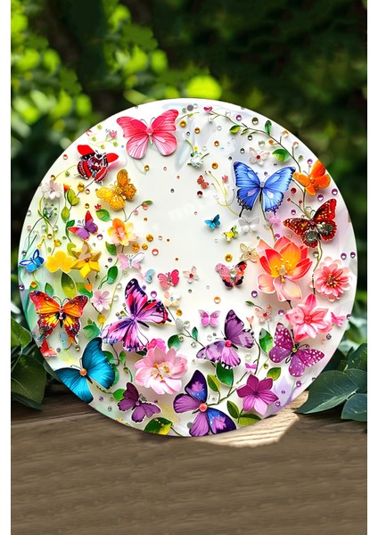 Renkli Kelebek ve Çiçek Desenli Uv Baskı Mdf Duvar Süsü – 33X33 cm & 20X20 cm DT138