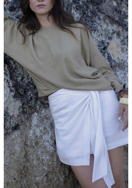 Beyaz Mara Mini Keten Anvelop Etek