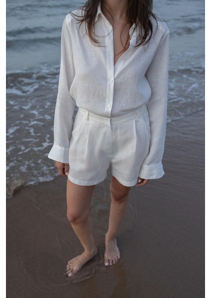 Beyaz %100 Keten Nora Pileli Şort