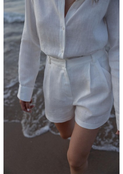 Beyaz %100 Keten Nora Pileli Şort fiyatları