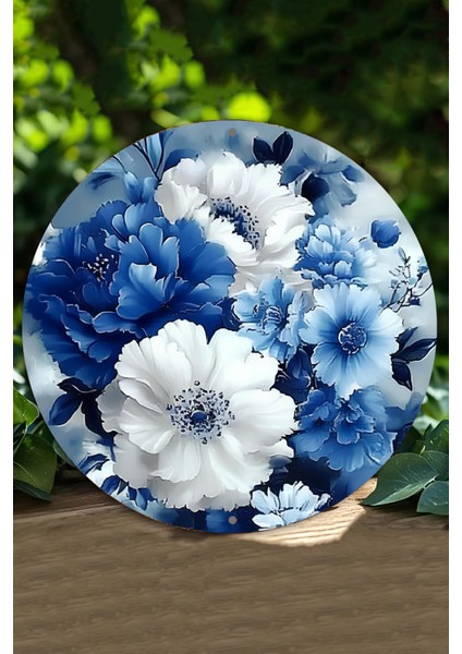 Mavi & Beyaz Çiçek Desenli Uv Baskı Mdf Duvar Süsü– 33X33 cm & 20X20 cm DT156