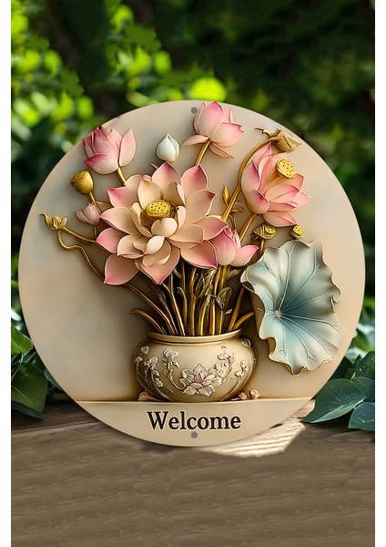 Lotus Çiçekli Welcome Uv Baskı Mdf Duvar Süsü – 33X33 cm & 20X20 cm DT143