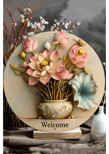 Lotus Çiçekli Welcome Uv Baskı Mdf Duvar Süsü – 33X33 cm & 20X20 cm DT143 modelleri
