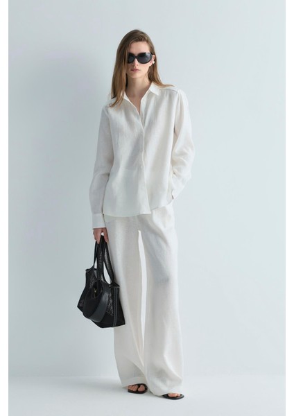 Beyaz %100 Keten Nora Pileli Pantolon