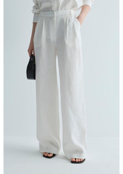 Beyaz %100 Keten Nora Pileli Pantolon fiyatları