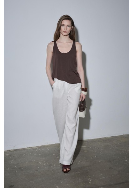 Beyaz %100 Keten Nora Pileli Pantolon indirimleri