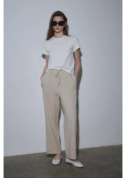 Natürel Zoe Beli Lastikli Keten Pantolon