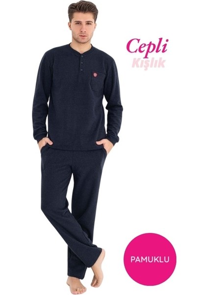 Erkek 3 Düğme Göğüs Cepli Kışlık Pamuklu Selanik Kumaş Uzun Manşetli Kol Cepli Pijama Takımı