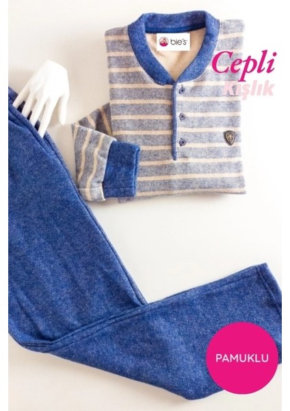 Erkek 3 Düğme Çizgili Kışlık Pamuklu Selanik Kumaş Uzun Manşetli Kol Cepli Pijama Takımı