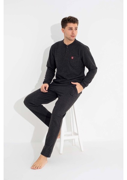 Erkek 3 Düğme Göğüs Cepli Kışlık Pamuklu Selanik Kumaş Uzun Manşetli Kol Cepli Pijama Takımı modelleri