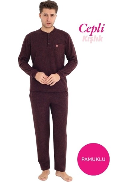 Erkek 3 Düğme Göğüs Cepli Kışlık Pamuklu Selanik Kumaş Uzun Manşetli Kol Cepli Pijama Takımı