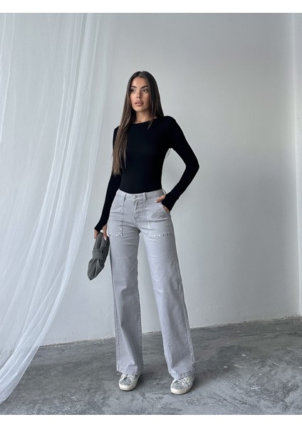 Kadın Taş Desenli Wide Leg Kadın Pantolon