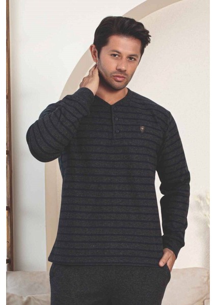 Erkek 3 Düğme Çizgili Kışlık Pamuklu Selanik Kumaş Uzun Manşetli Kol Cepli Pijama Takımı modelleri