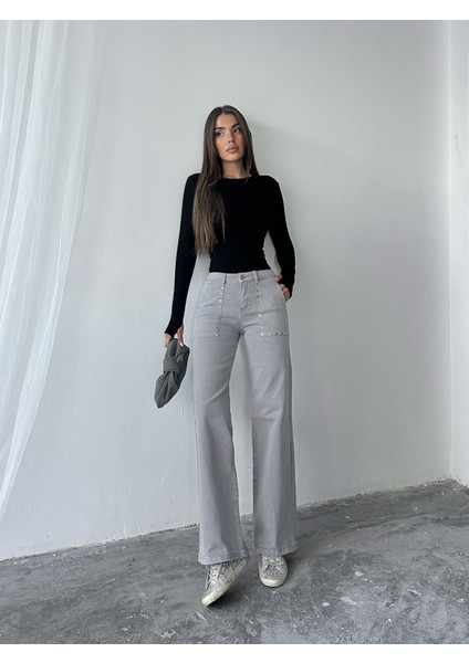 Kadın Taş Desenli Wide Leg Kadın Pantolon