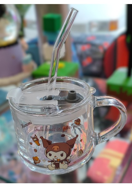 Kuromi Figürlü Kapaklı Pipetli Cam Bardak Kupa AD10934