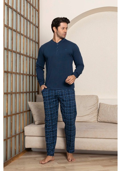 Erkek 3 Düğmeli Ekose Desen Pamuk Likra Mevsimlik Uzun Kol Manşetli Cepli Pijama Takımı fırsatları