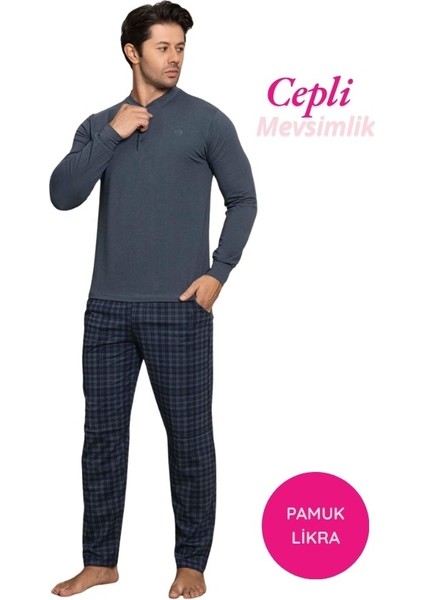 Erkek 3 Düğmeli Ekose Desen Pamuk Likra Mevsimlik Uzun Kol Manşetli Cepli Pijama Takımı