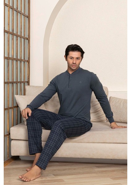 Erkek 3 Düğmeli Ekose Desen Pamuk Likra Mevsimlik Uzun Kol Manşetli Cepli Pijama Takımı modelleri