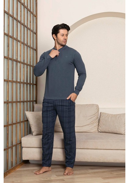 Erkek 3 Düğmeli Ekose Desen Pamuk Likra Mevsimlik Uzun Kol Manşetli Cepli Pijama Takımı fırsatları