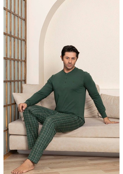 Erkek 3 Düğmeli Ekose Desen Pamuk Likra Mevsimlik Uzun Kol Manşetli Cepli Pijama Takımı modelleri