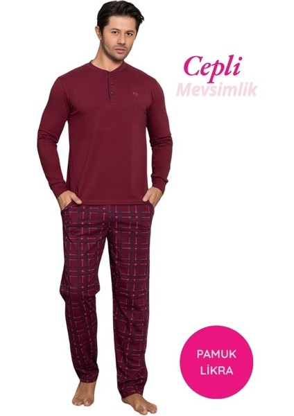 Erkek 3 Düğmeli Ekose Desen Pamuk Likra Mevsimlik Uzun Kol Manşetli Cepli Pijama Takımı
