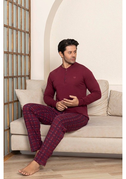 Erkek 3 Düğmeli Ekose Desen Pamuk Likra Mevsimlik Uzun Kol Manşetli Cepli Pijama Takımı modelleri