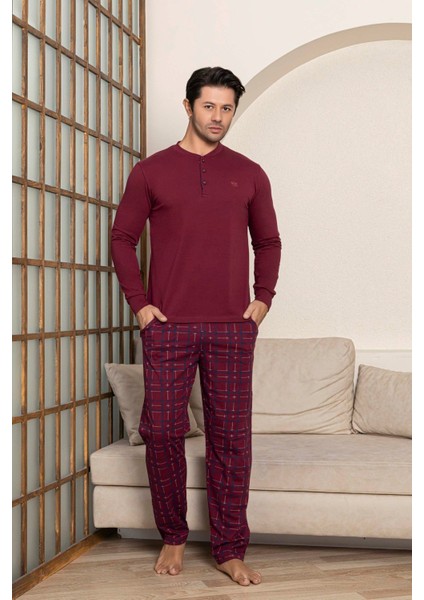 Erkek 3 Düğmeli Ekose Desen Pamuk Likra Mevsimlik Uzun Kol Manşetli Cepli Pijama Takımı fırsatları