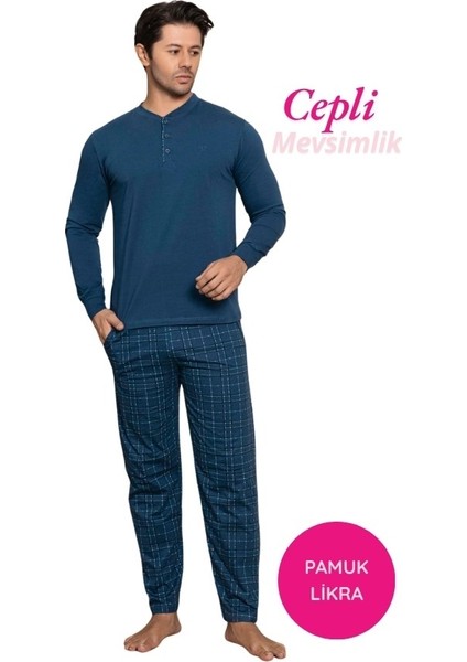 Erkek 3 Düğmeli Ekose Desen Pamuk Likra Mevsimlik Uzun Kol Manşetli Cepli Pijama Takımı