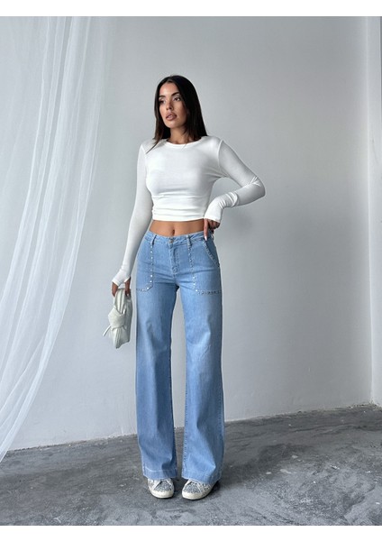 Açık Mavi Taş Desenli Wide Leg Kadın Pantolon modelleri