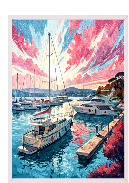 Beyaz Çerçeveli Tablo, Renkli Gün Batımında Yat Limanı Manzarası, Salon Dekoru Poster No: 113851