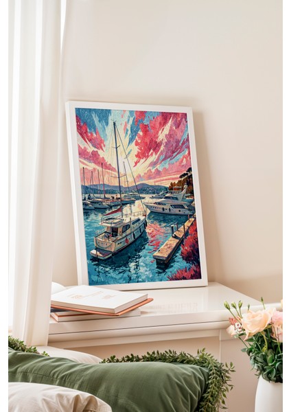 Beyaz Çerçeveli Tablo, Renkli Gün Batımında Yat Limanı Manzarası, Salon Dekoru Poster No: 113851 fiyatları