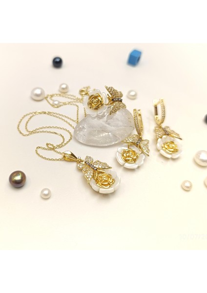 Gül ve Kelebek Beyaz Taşlı Set Takım 14 Ayar Altın Hd Videolu modelleri