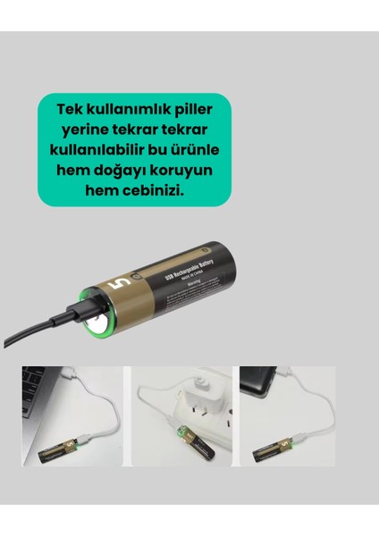USB Type-C Girişli Şarjlı Aa Lityum Pil | 1.5V Sabit Çıkış | 3200MWH (2'li Paket) fiyatları