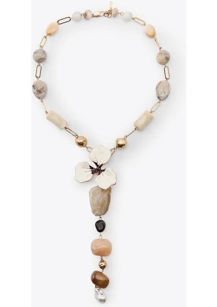 Taşlı Çiçek Kolye - Altın