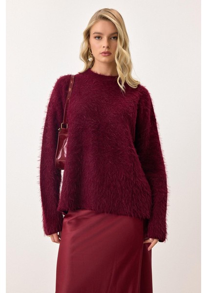 Oversize Tüylü Soft Kazak Bordo 8270