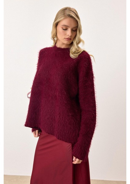 Oversize Tüylü Soft Kazak Bordo 8270 modelleri