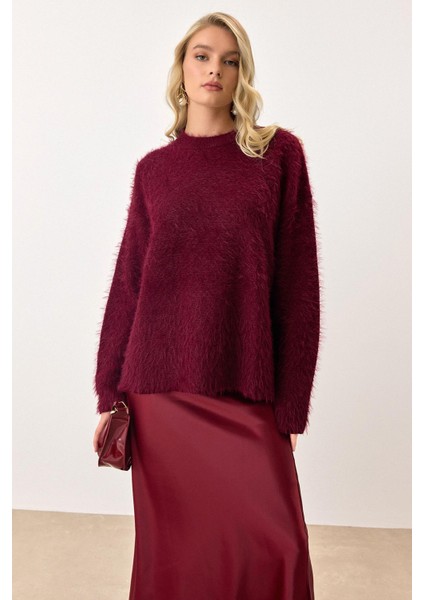Oversize Tüylü Soft Kazak Bordo 8270 indirimleri
