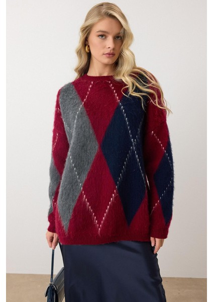 Baklava Desen Oversize Triko Kazak Bordo 8272