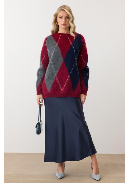 Baklava Desen Oversize Triko Kazak Bordo 8272 fiyatları