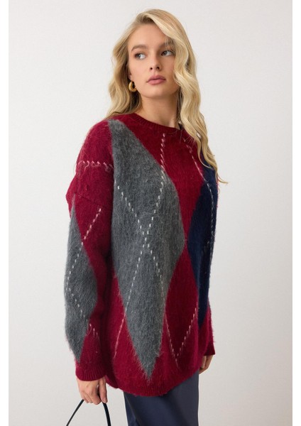 Baklava Desen Oversize Triko Kazak Bordo 8272 modelleri