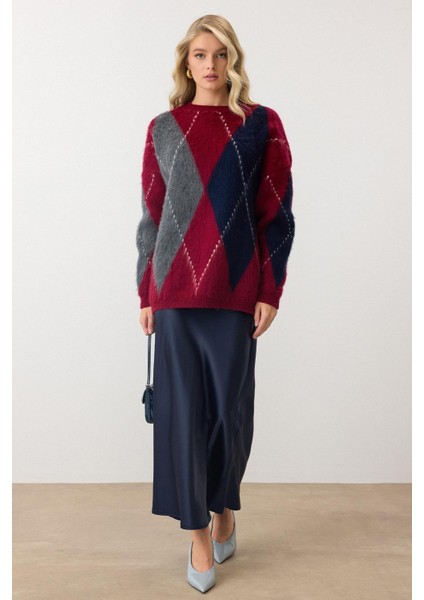 Baklava Desen Oversize Triko Kazak Bordo 8272 fırsatları