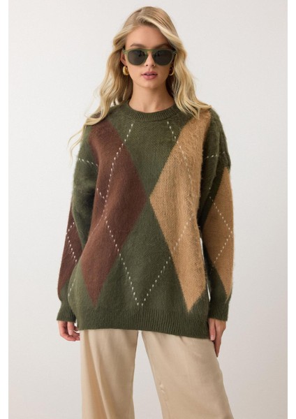 Baklava Desen Oversize Triko Kazak Haki 8272